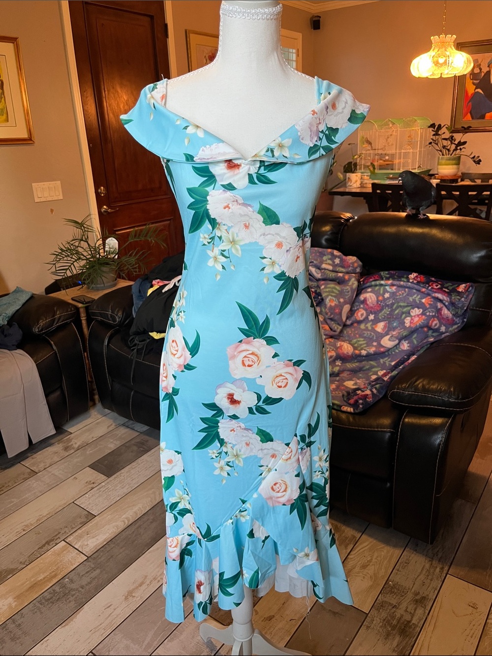 One-Shoulder Floral Maxi Dress in Light Blue